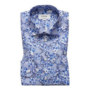 Eton Blue Azulejo Print Button Front Dress Shirt Blue White Floral 38 / 15 (S)